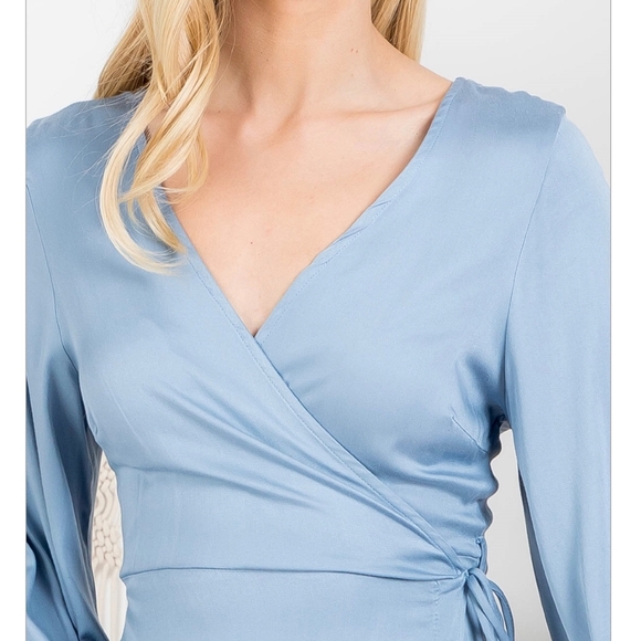 FEW LEFT❗️Feminine Chic Dusty Blue Long Sleeves Wrap Dress - Picture 4 of 10